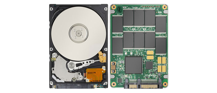 HDD vs SSD - AnyPcFixed Ltd - Laptop Repair, Service & Upgrade in Leicester Image of the inside of a hard disk drive, compared to a solid state drive - AnyPcFixed Ltd - Laptop Repair, Service & Upgrade in Leicester